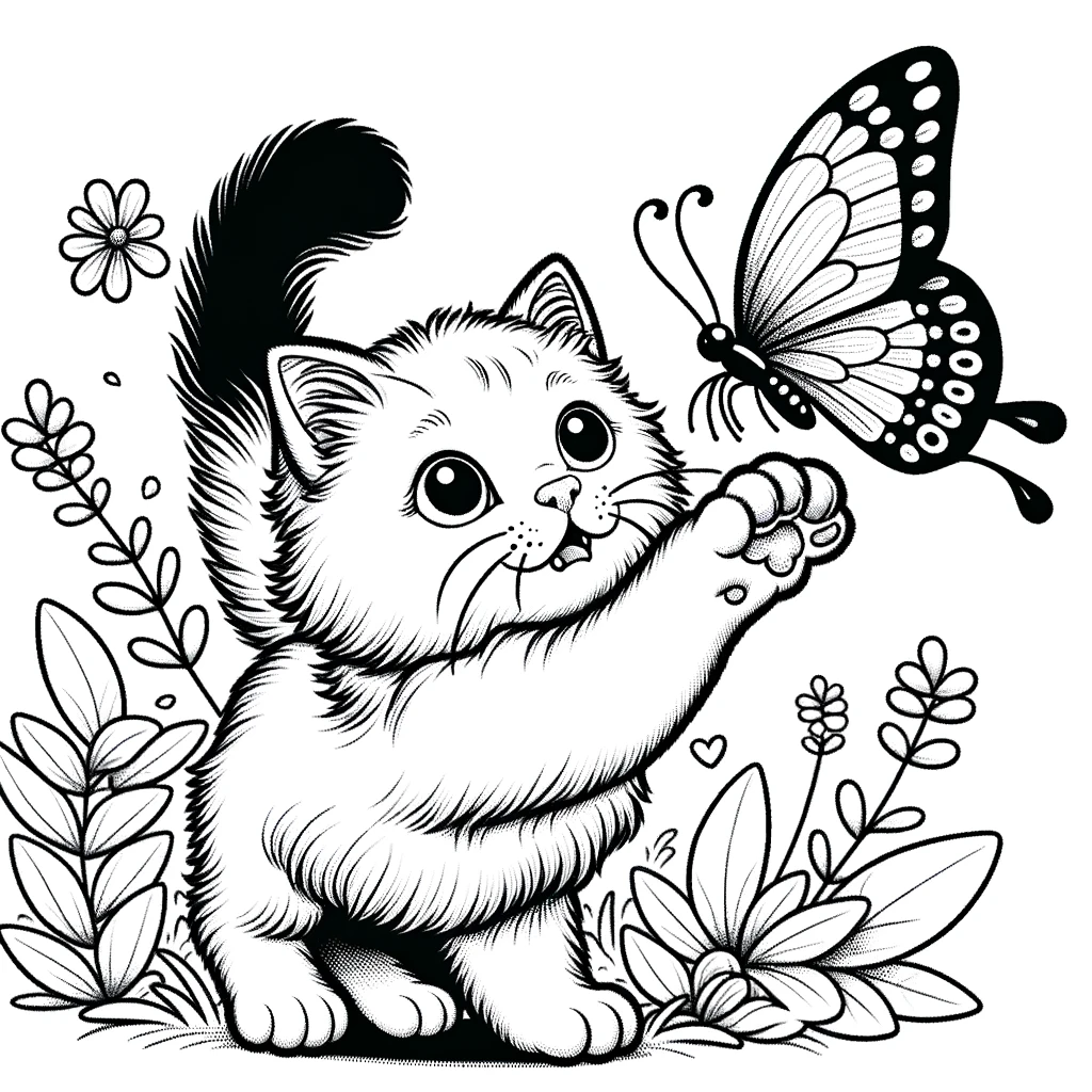 coloriage d'un chat qui joue avec un papillon