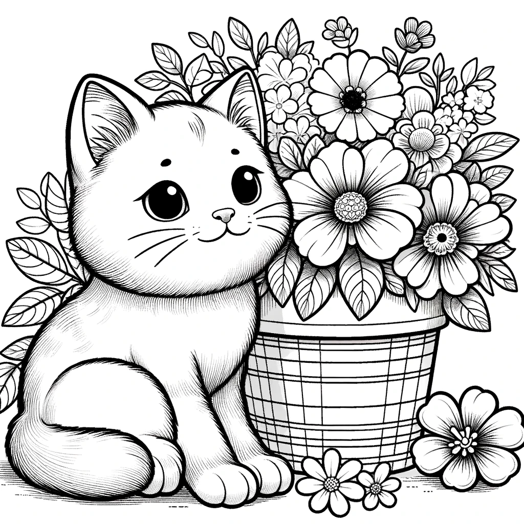 coloriage chat à imprimer avec une plante